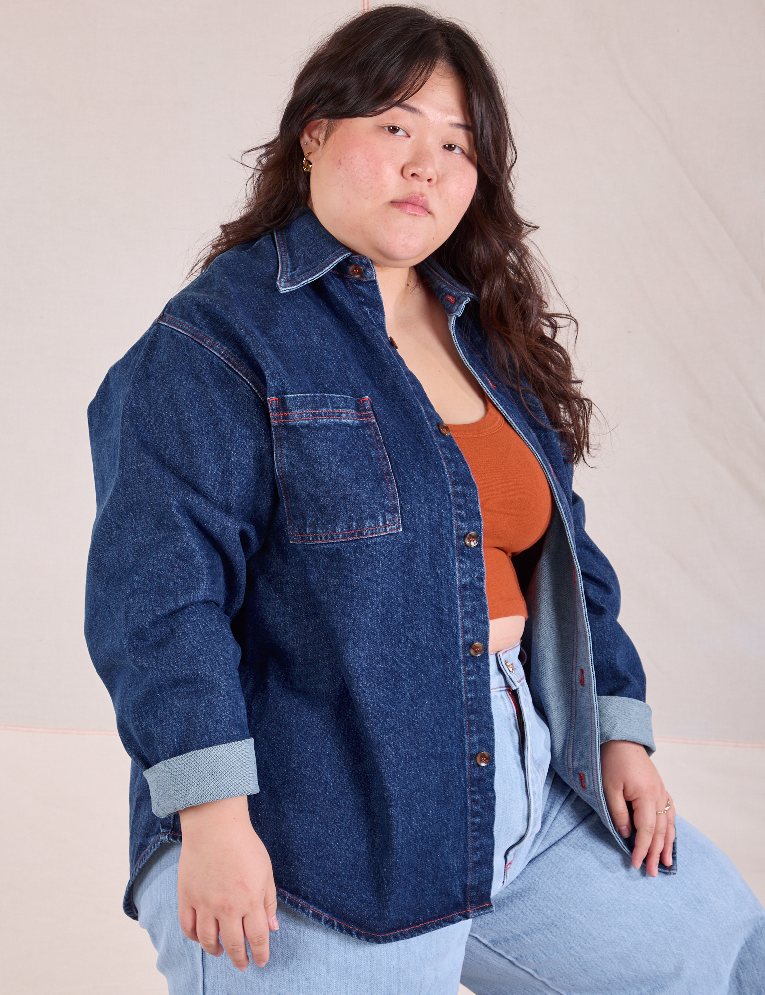 Denim Overshirt in Dark Wash angled front view on Ashley