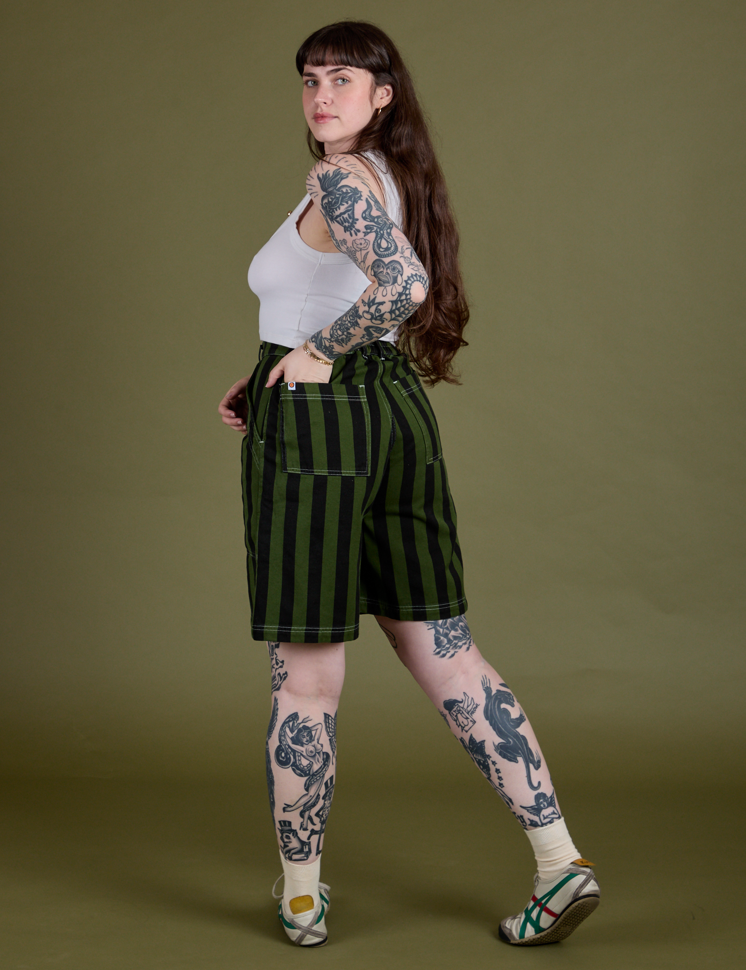 Longline Work Shorts in Evergreen angled back view on Sydney