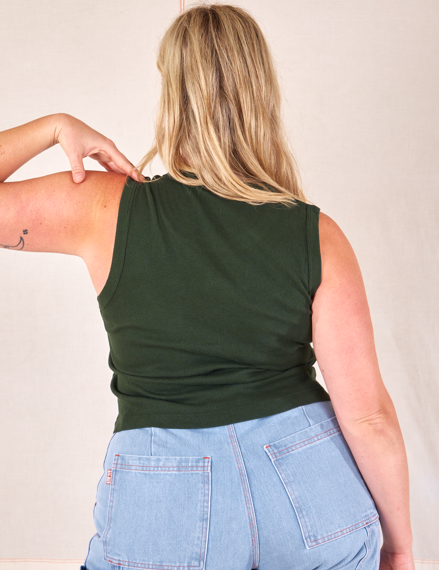 Muscle Tee in Swamp Green back view on Lish