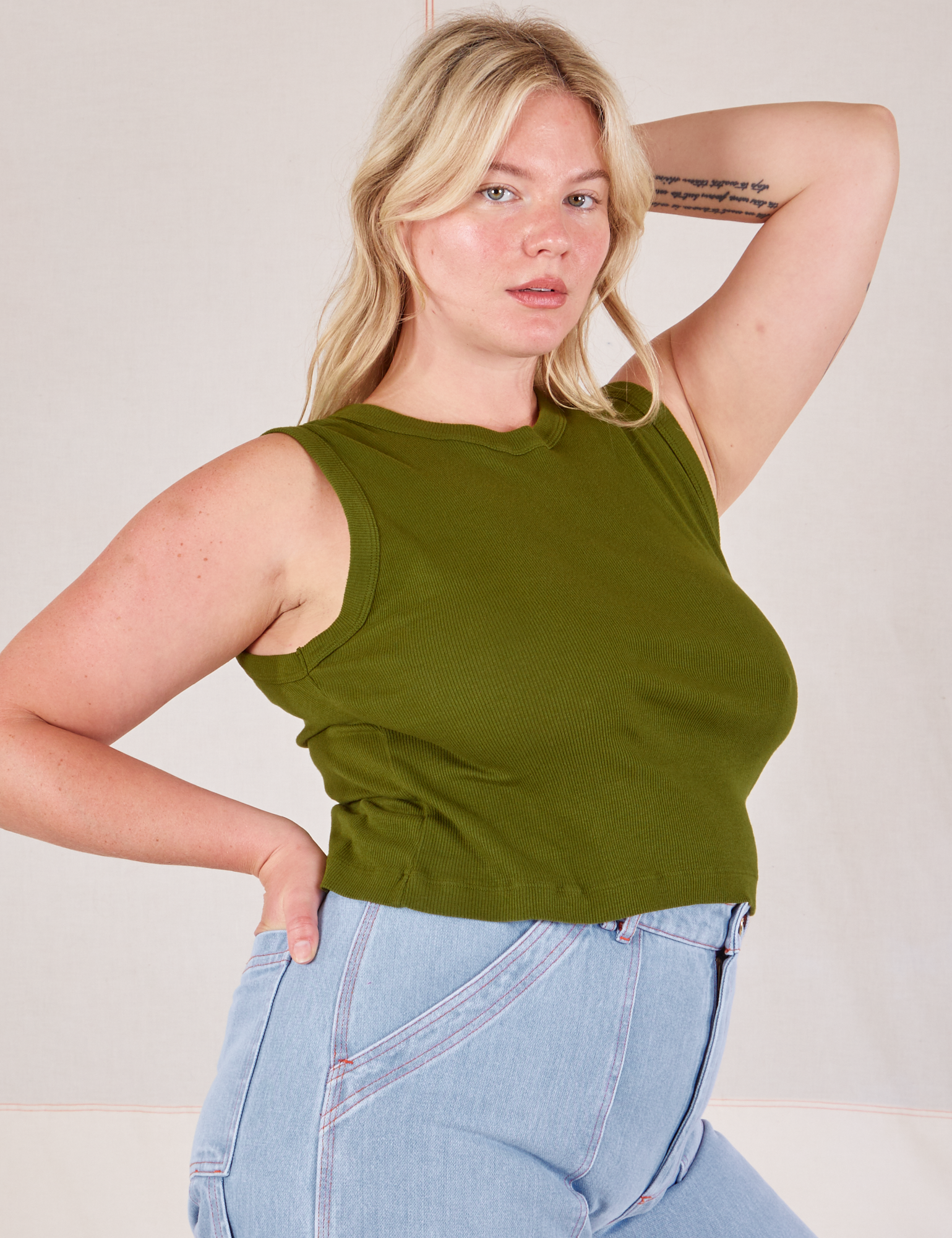 Muscle Tee in Summer Olive angled front view on Lish