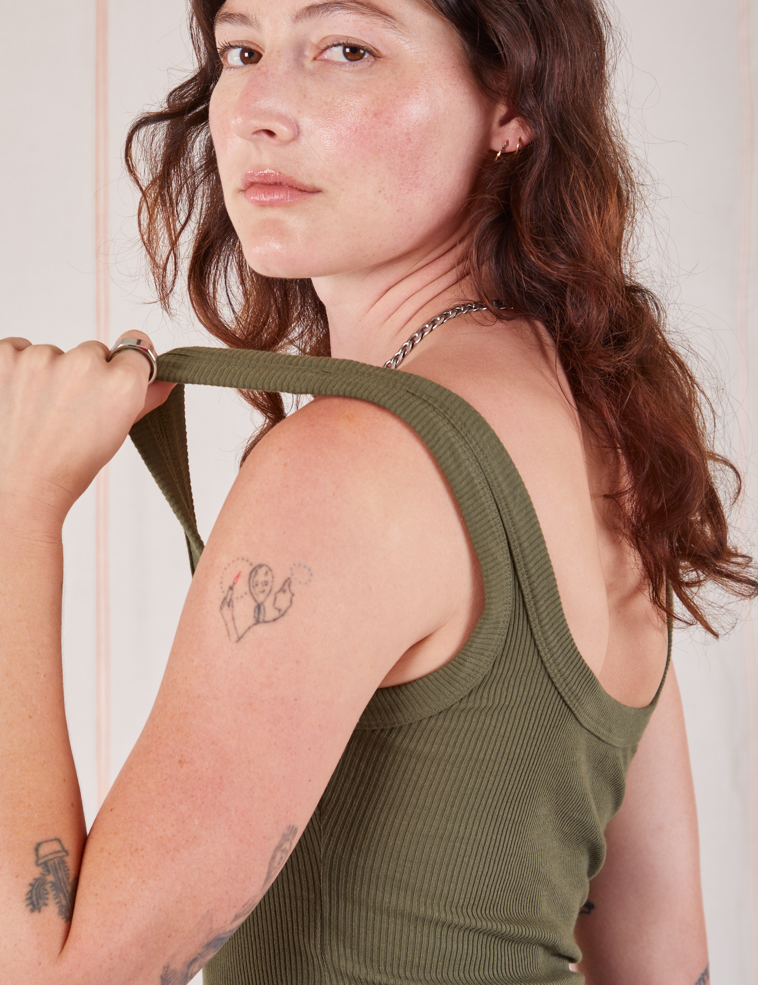 Square Neck Tank in Surplus Green side close up on Alex