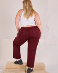 Mid-Rise Work Pants in Red Wine back view on Juliet