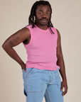 Angled front view of Muscle Tee in Bubblegum Pink on Demi