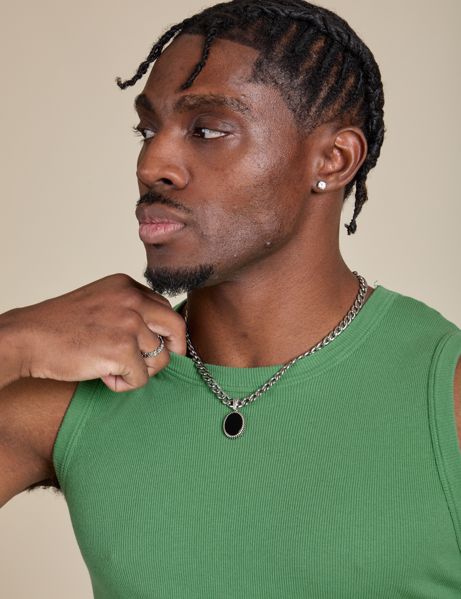 Muscle Tee in Seafoam Green front close up on Isaac