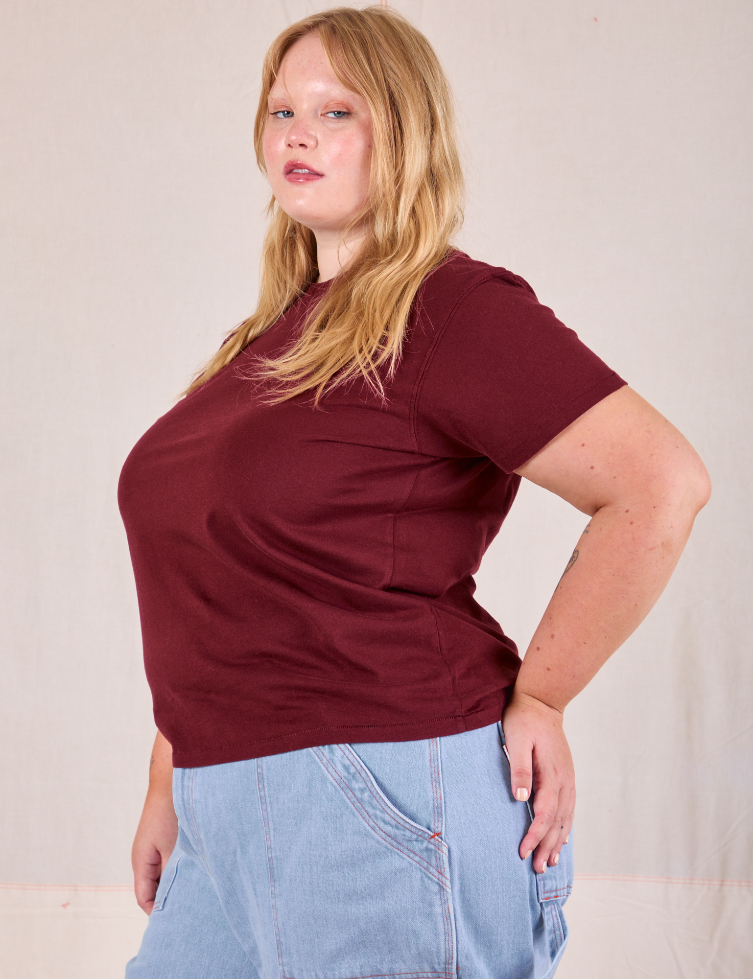 Organic Vintage Tee in Red Wine side view on Juliet