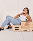 Gabi is wearing Organic Trousers in Periwinkle and vintage off-white Cropped Cami