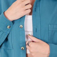 Front close up of Oversize Overshirt in Marine Blue on Alex