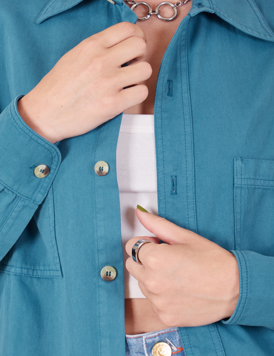 Front close up of Oversize Overshirt in Marine Blue on Alex