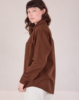 Twill Overshirt in Fudgesicle Brown side view on Alex