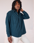 Angled front view of Twill Overshirt in Lagoon on Jerrod