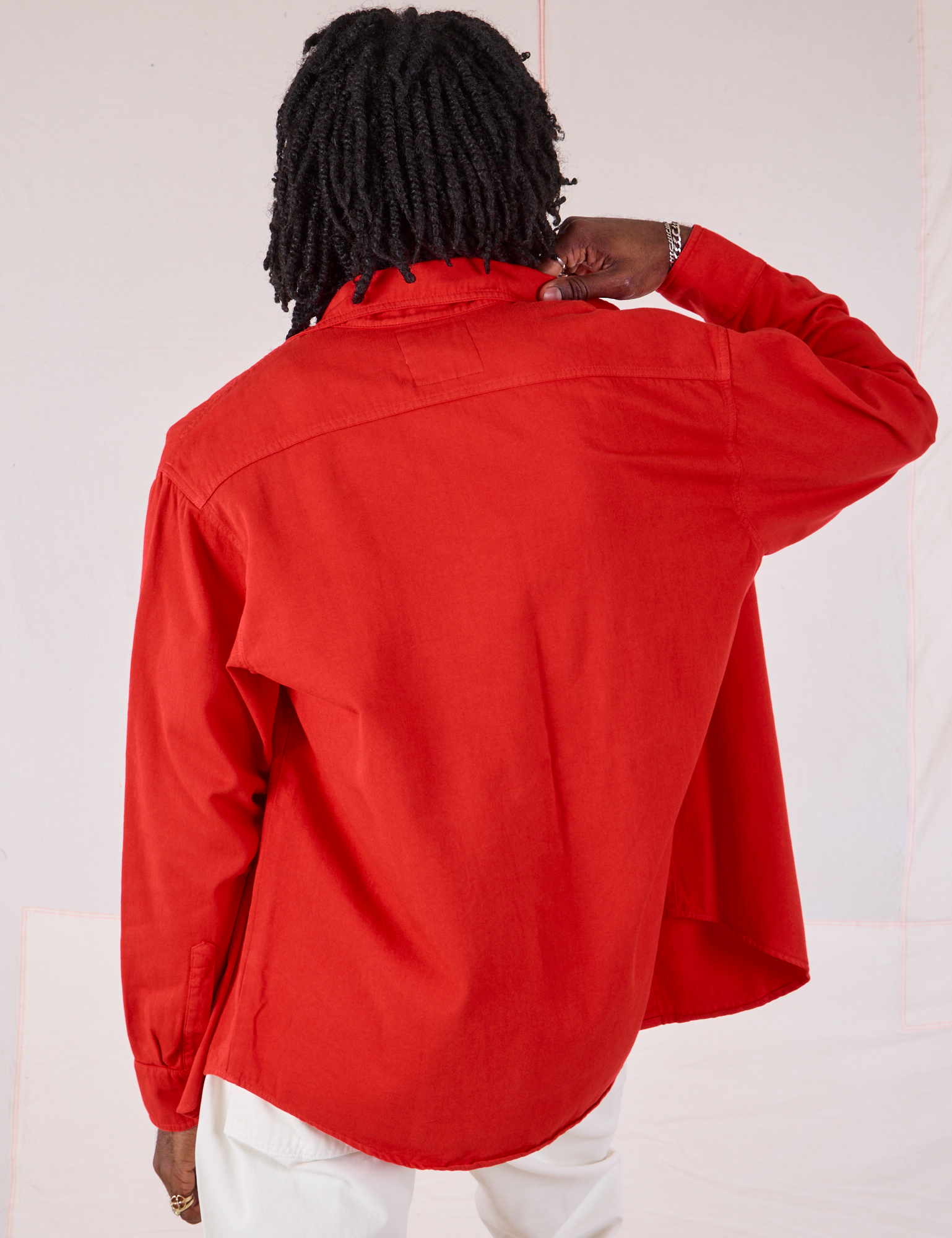 Back view of Twill Overshirt in Mustang Red on Jerrod