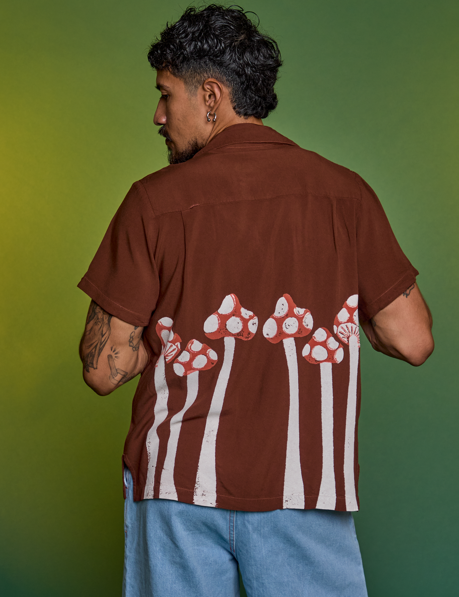 Paintstamped Pantry Button-Up in Mushroom back view on Jesse