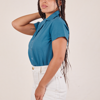 Side view of Pantry Button-Up in Marine Blue worn by Gabi