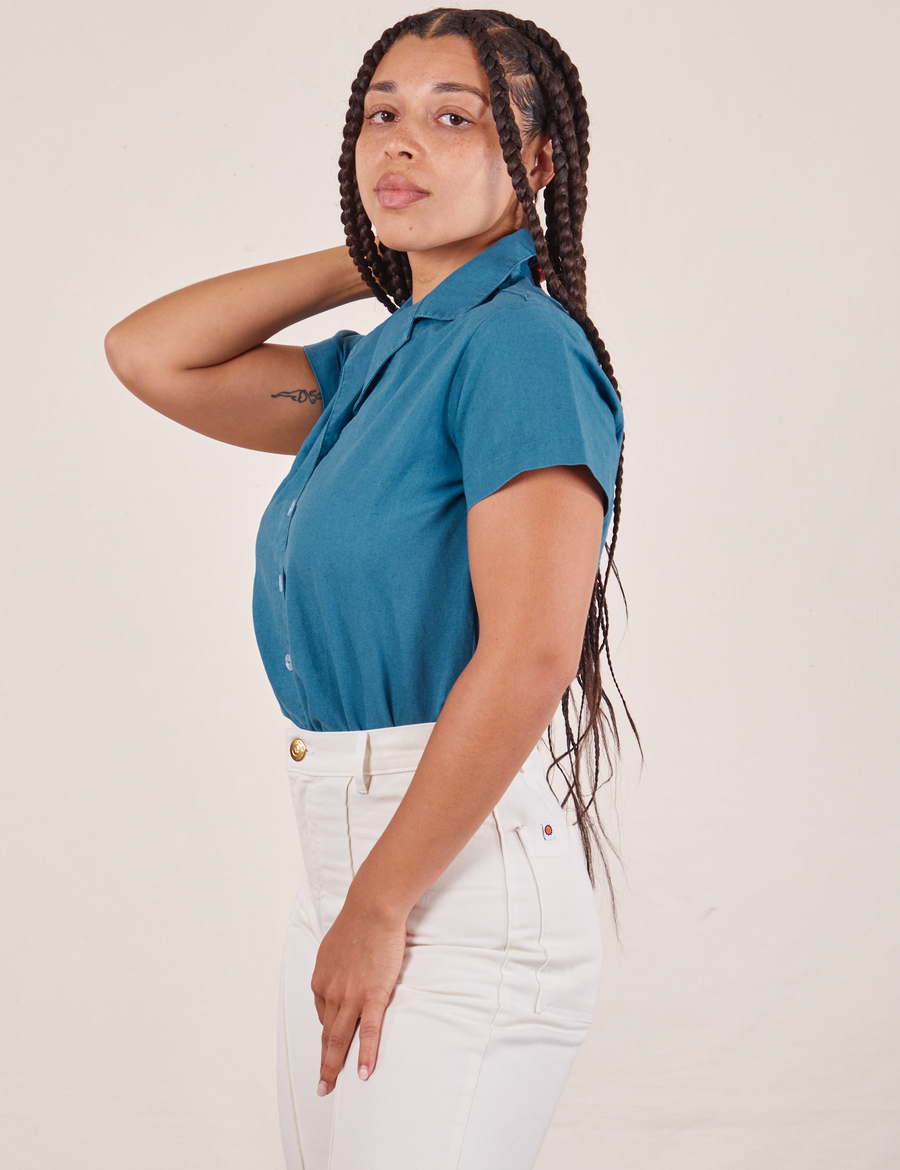 Side view of Pantry Button-Up in Marine Blue worn by Gabi
