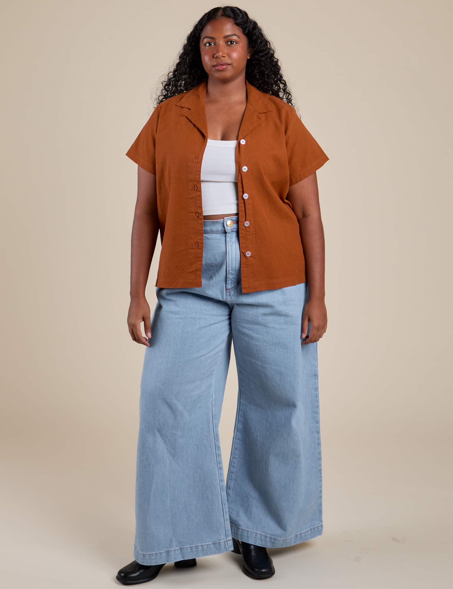 Pantry Button-Up in Burnt Terracotta and light wash Indigo Wide Leg Trousers on Meghna