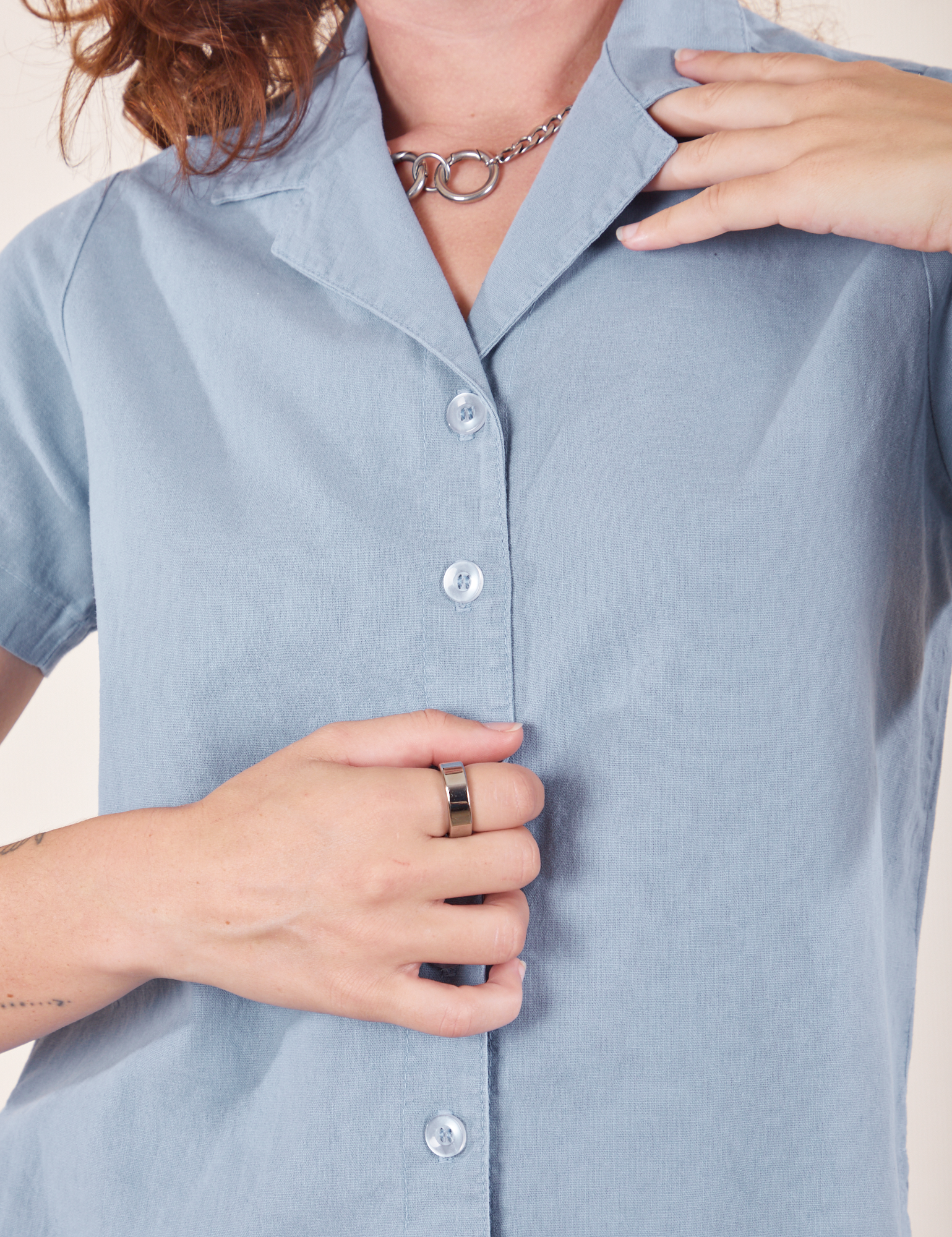Front close up of Pantry Button-Up in Periwinkle on Alex