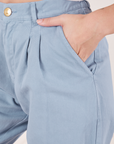 Heavyweight Trousers in Periwinkle front pocket close up. Alex has her hand in the pocket.