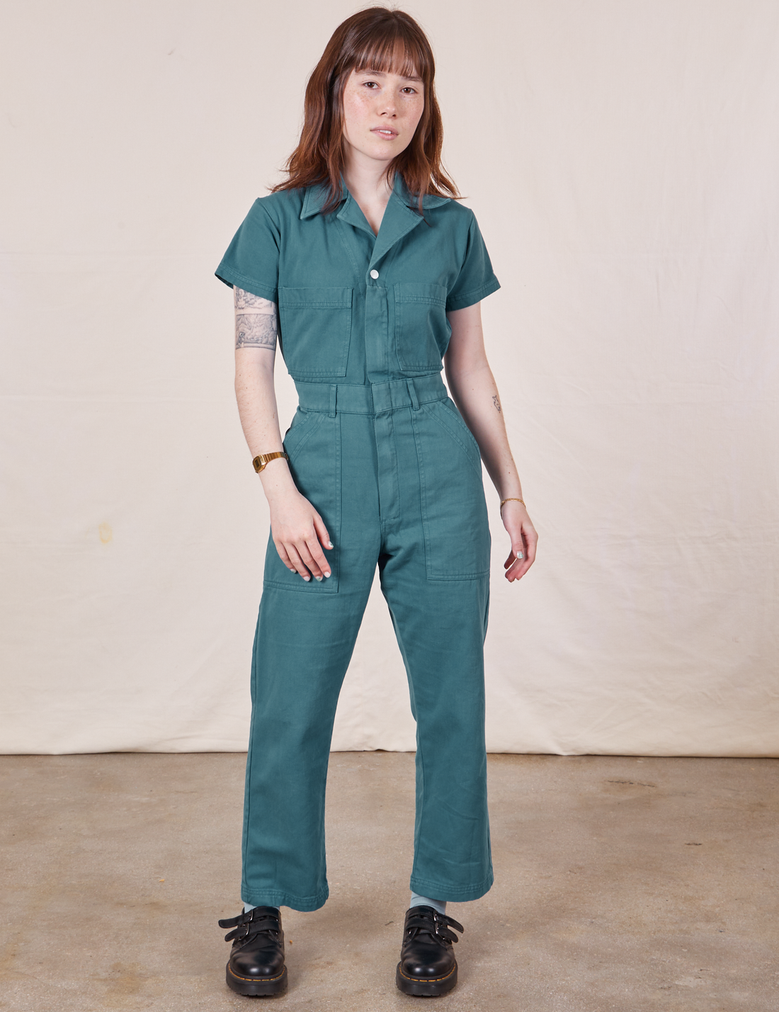 Petite Short Sleeve Jumpsuit in Marine Blue worn by Hana