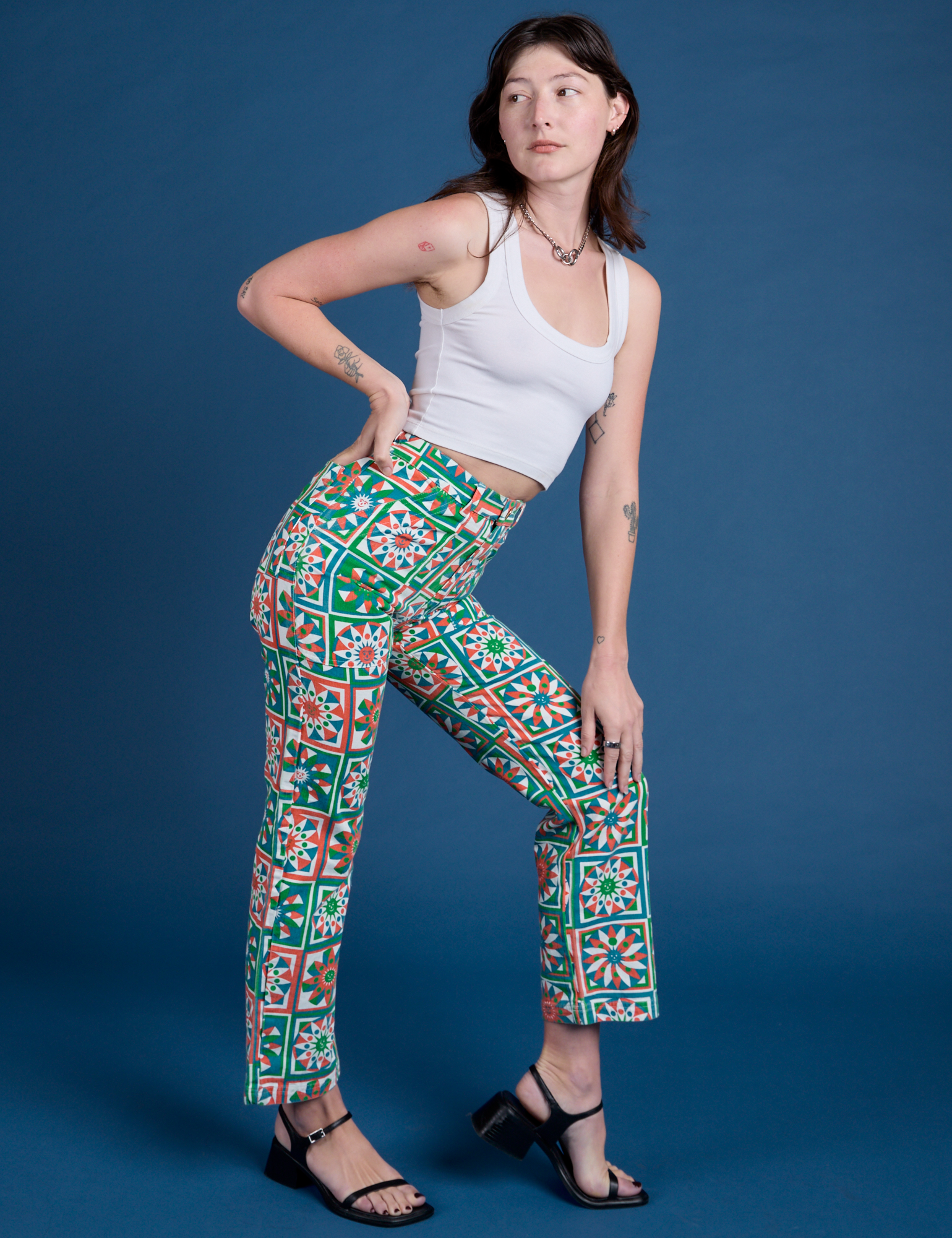 Side view of Work Pants in Quilt Print and Cropped Tank in Vintage Tee White on Alex