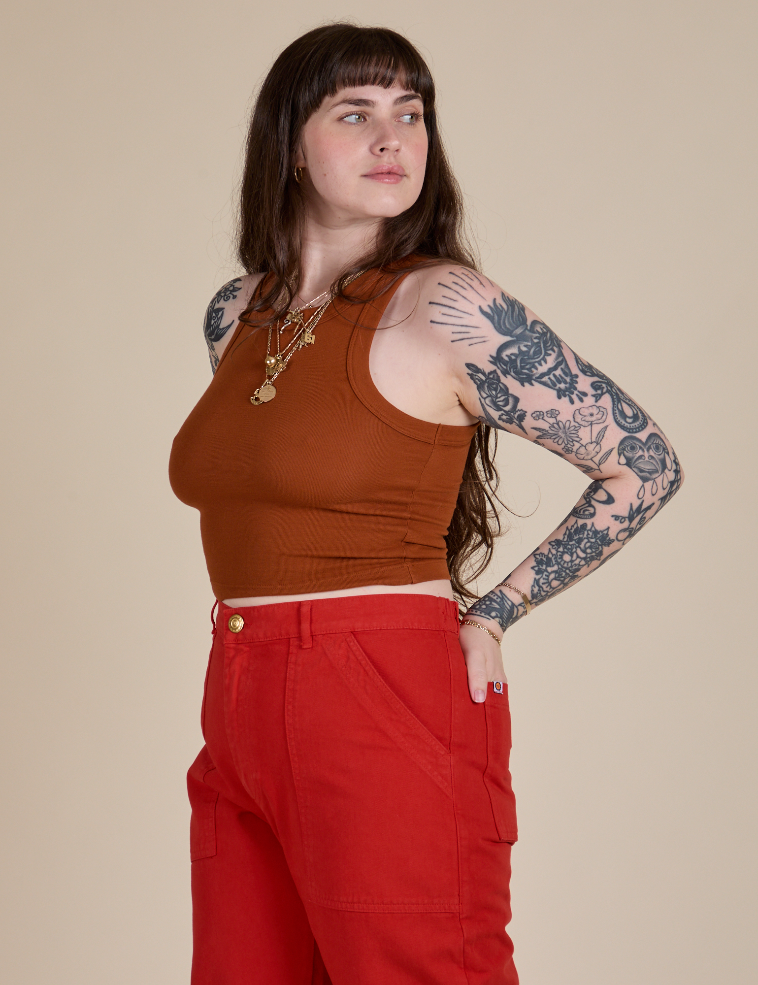 Racerback Tank in Burnt Terracotta angled front view on Sydney