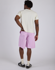 Longline Work Shorts in Lilac Purple and vintage tee white Organic Vintage Tee on Isaac