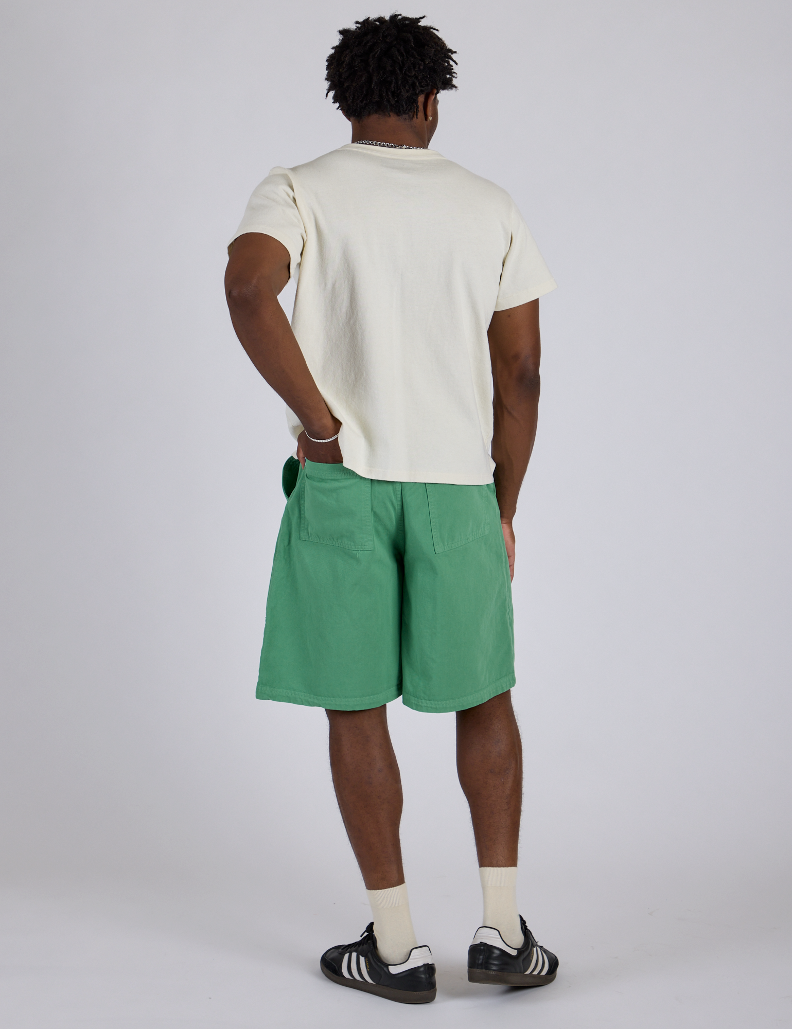 Back view of Longline Work Shorts in Seafoam Green and Burly Tee in Vintage Tee White on Isaac