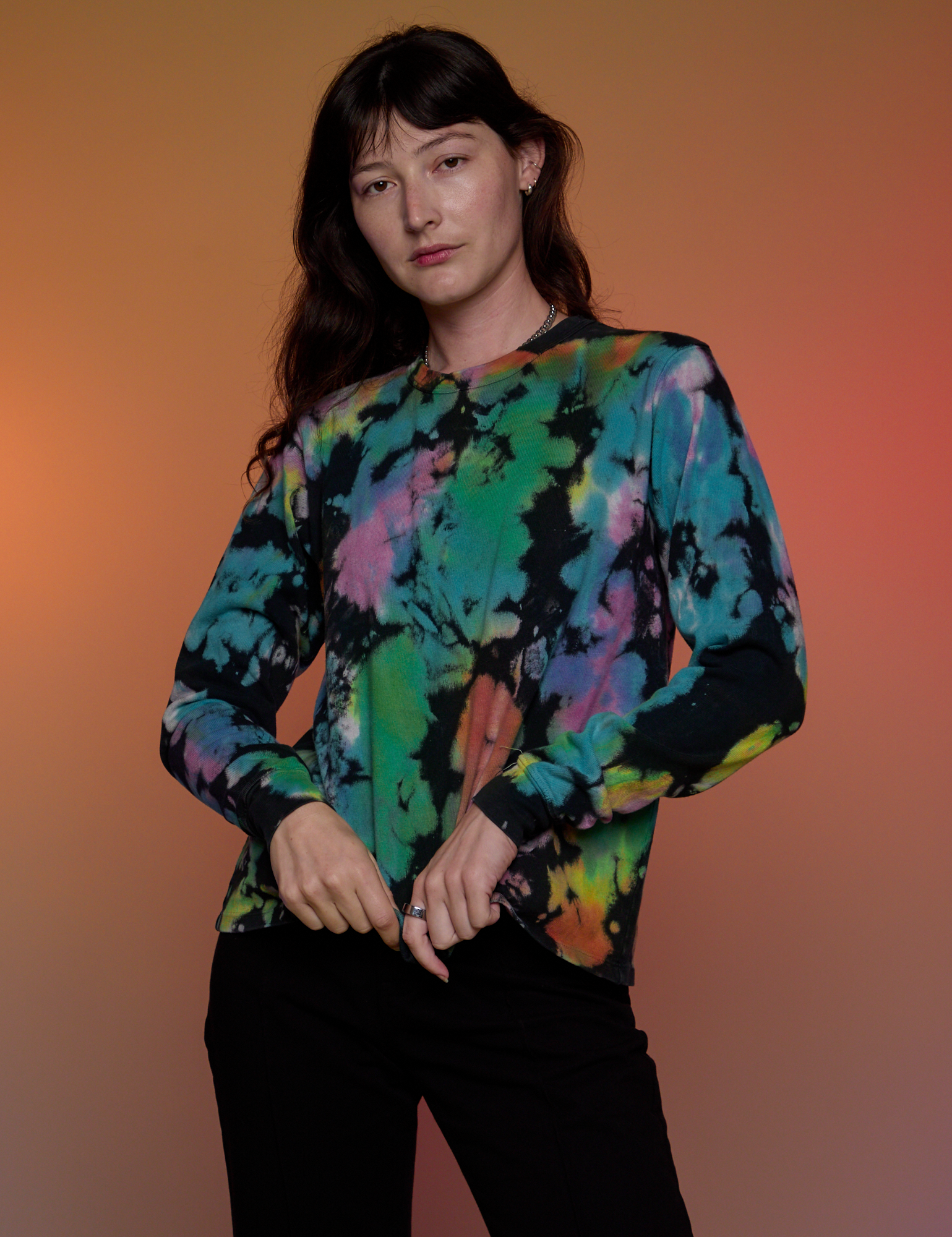 Alex is 5’8” and wearing P Magic Waters Long Sleeve Burly Tee in Rainbow