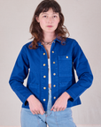 Alex is 5'8" and wearing P Denim Work Jacket in Royal Blue