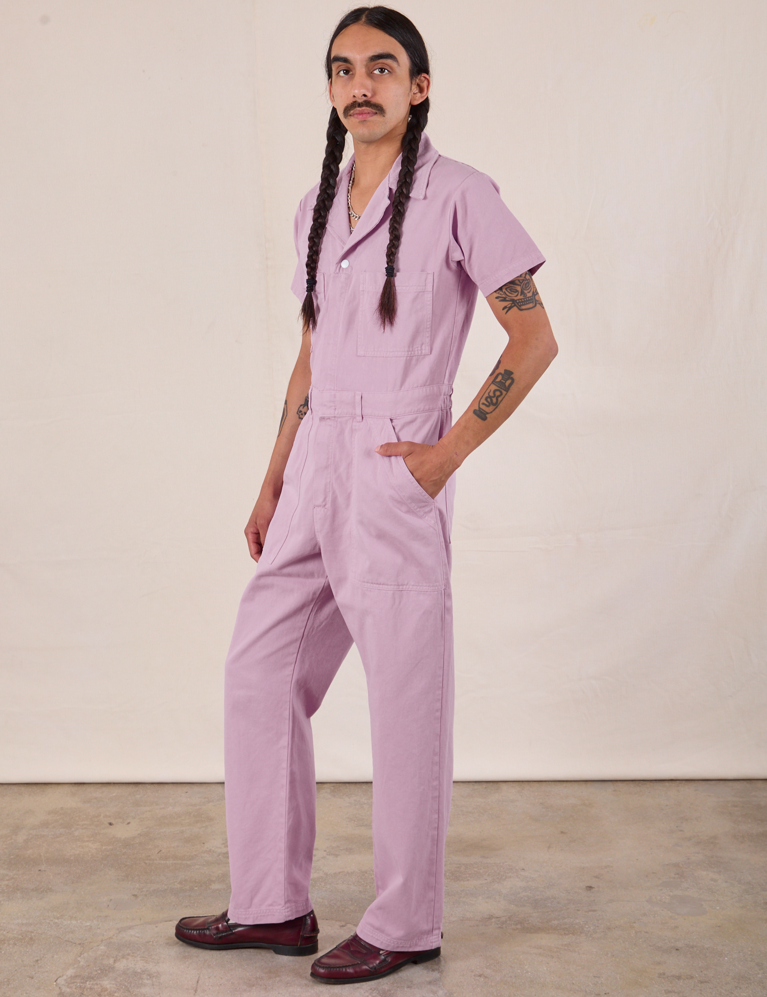 Short Sleeve Jumpsuit in Lilac side view on Anthony