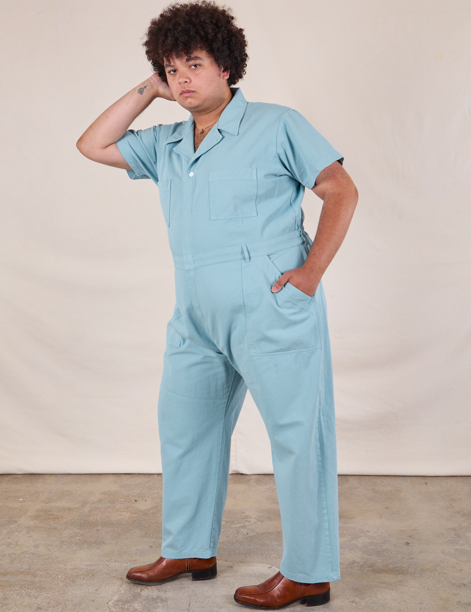 Short Sleeve Jumpsuit in Baby Blue on Miguel