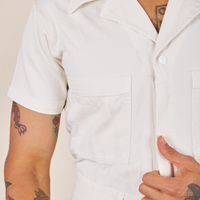 Front close up of Short Sleeve Jumpsuit in Vintage Tee Off-White worn by Jesse
