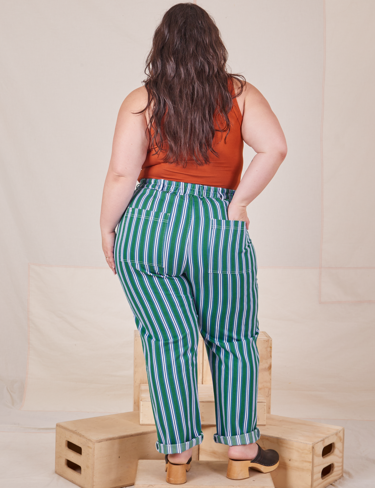 Back pocket close up of Stripe Work Pants in Green worn by Ashley