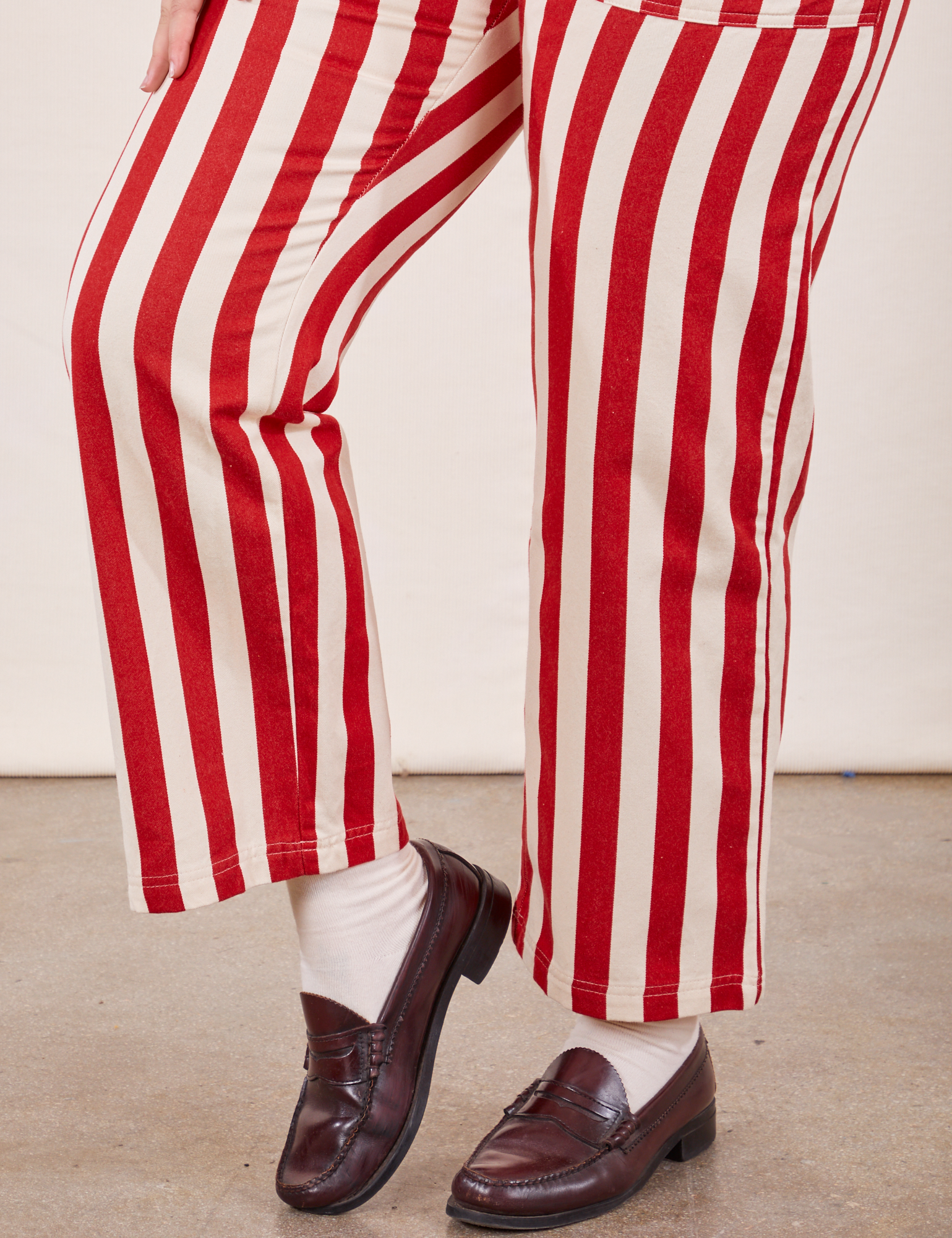 Work Pants in Cherry Stripe pant leg close up on Sydney