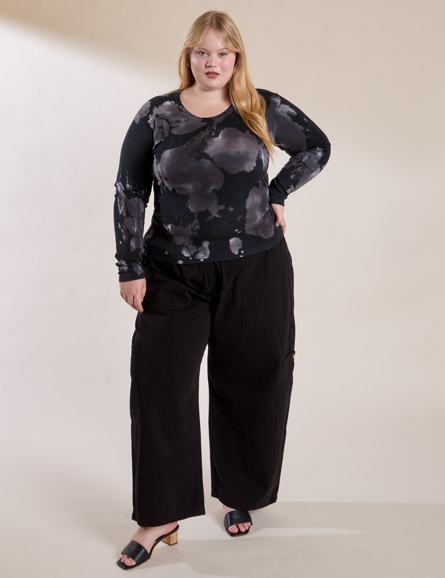 Long Sleeve Baby Tee in Ink Blot and black Drop Pocket Cargo Pants on Juliet