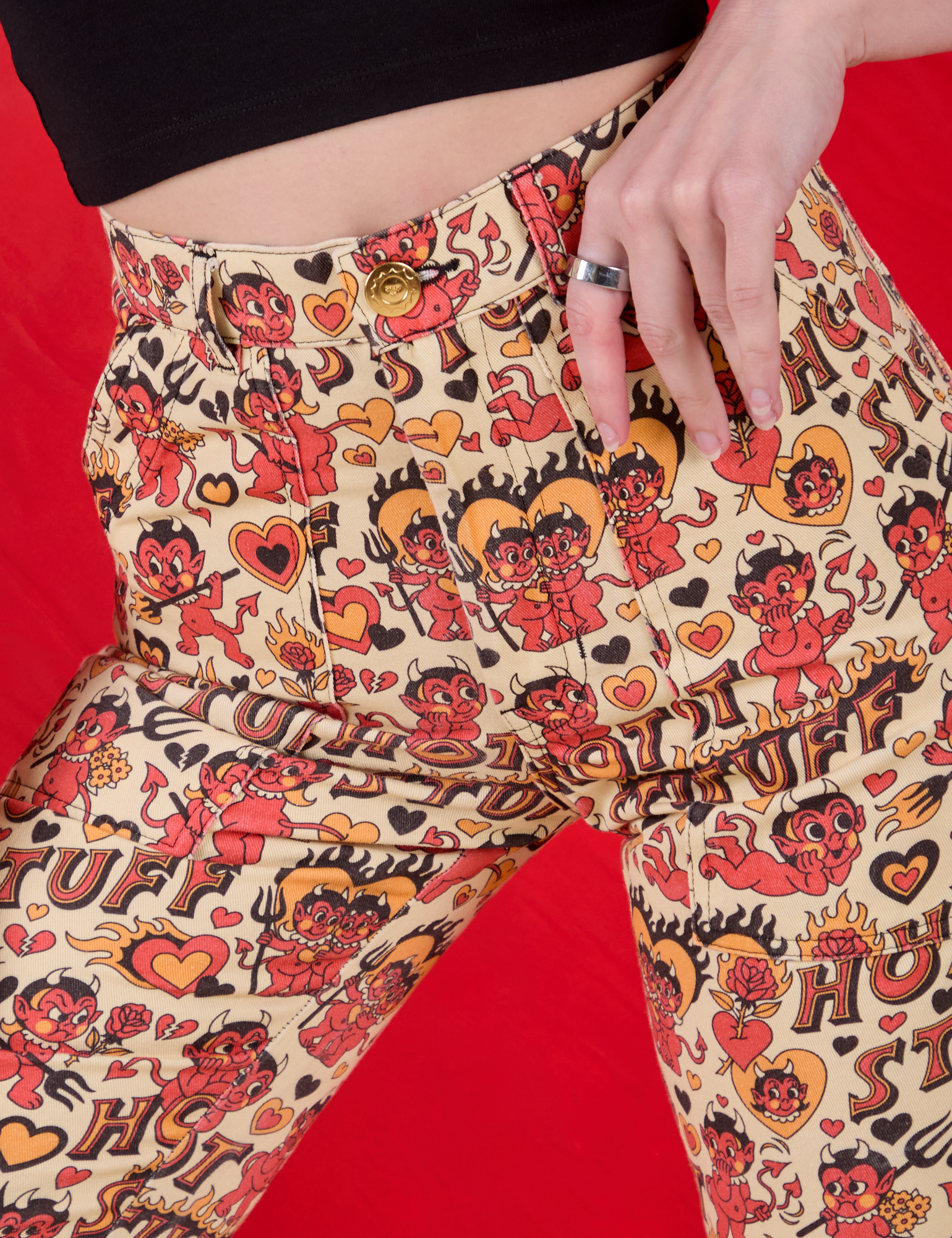 Work Pants in Hot Stuff Print front view on Alex
