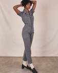 Angled front view of Short Sleeve Jumpsuit in Washed Grey on Cheyann