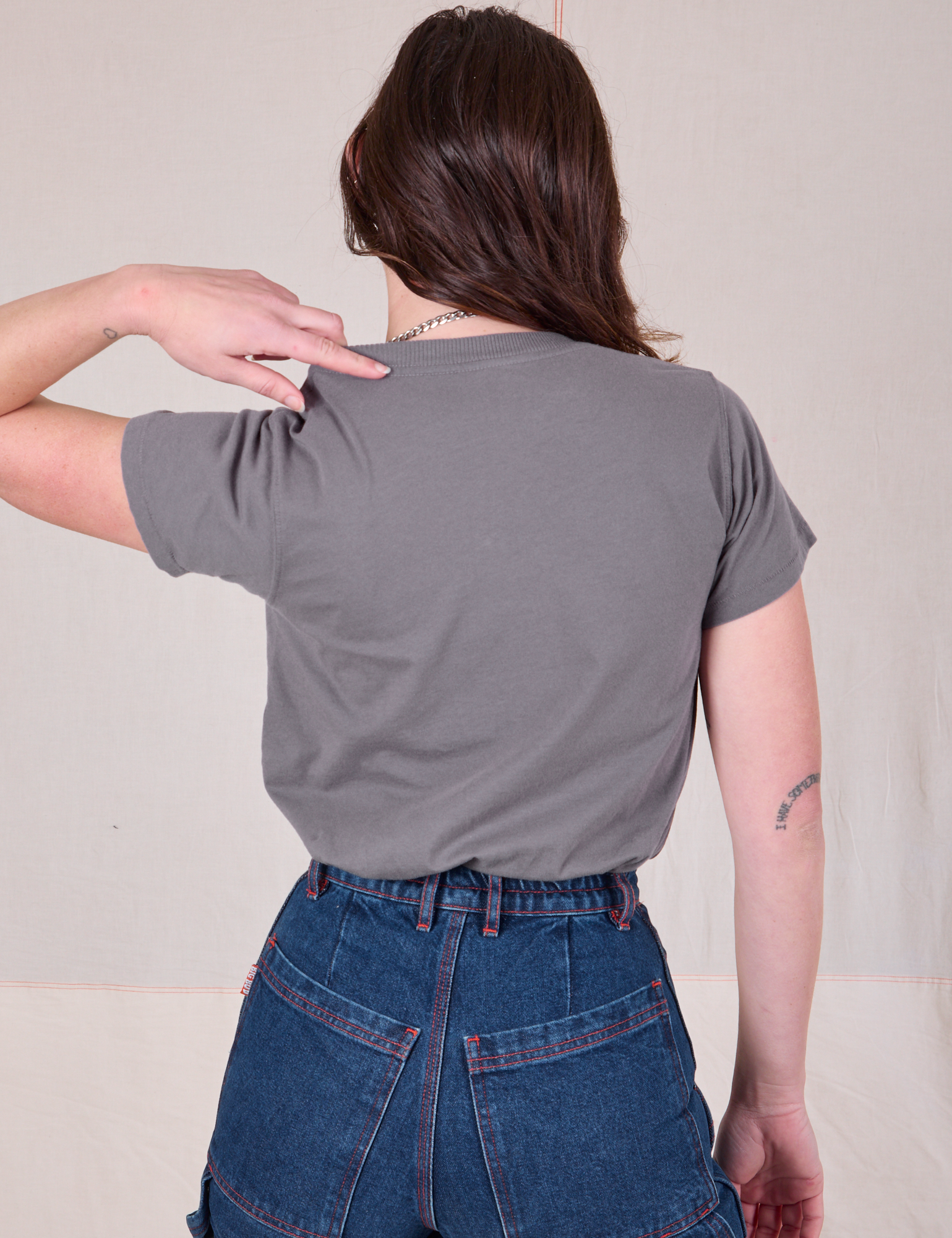 Organic Vintage Tee in Washed Grey back view on Alex