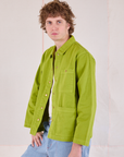 Denim Work Jacket in Gross Green angled front view on Quinn