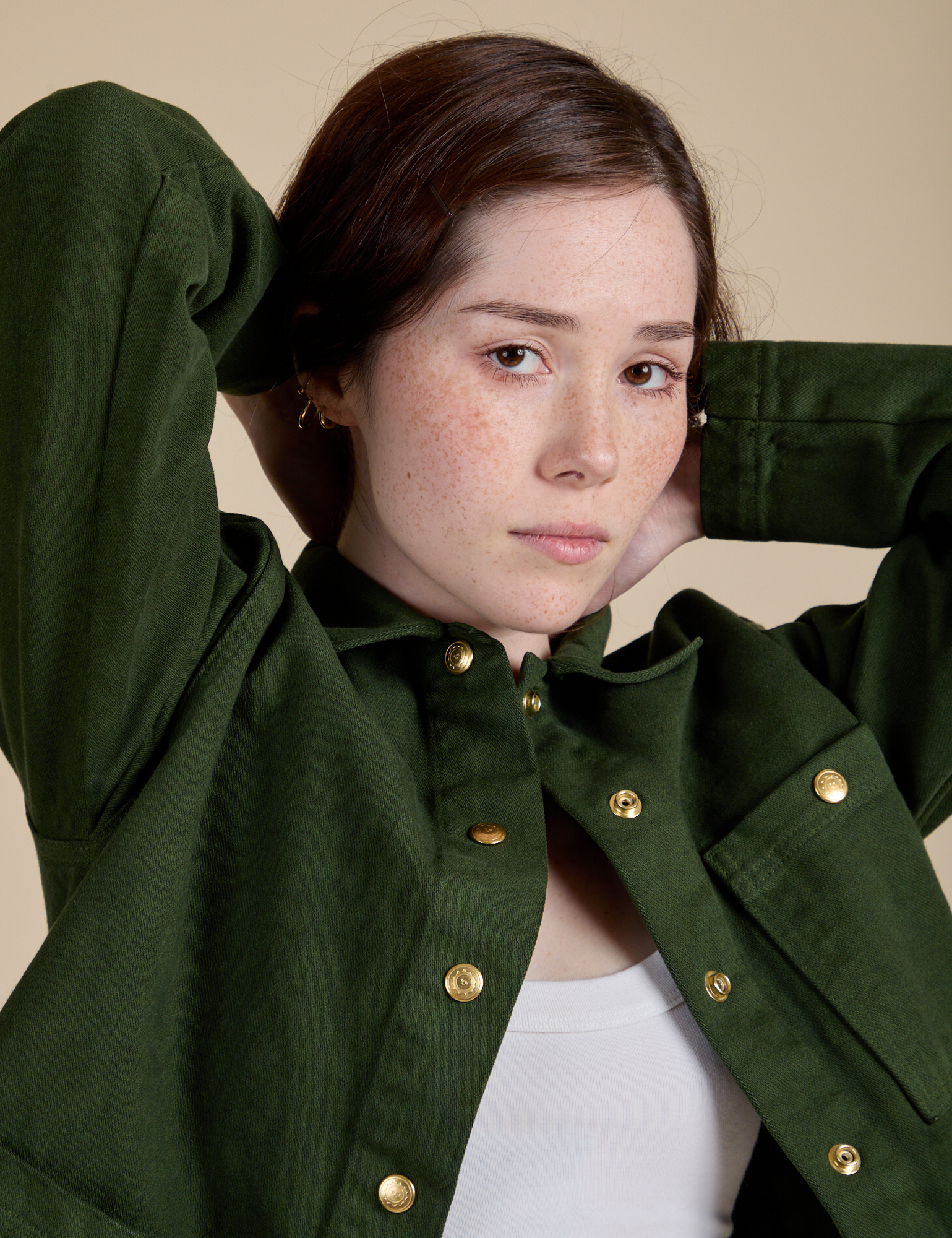 Denim Work Jacket in Evergreen close up on Hana