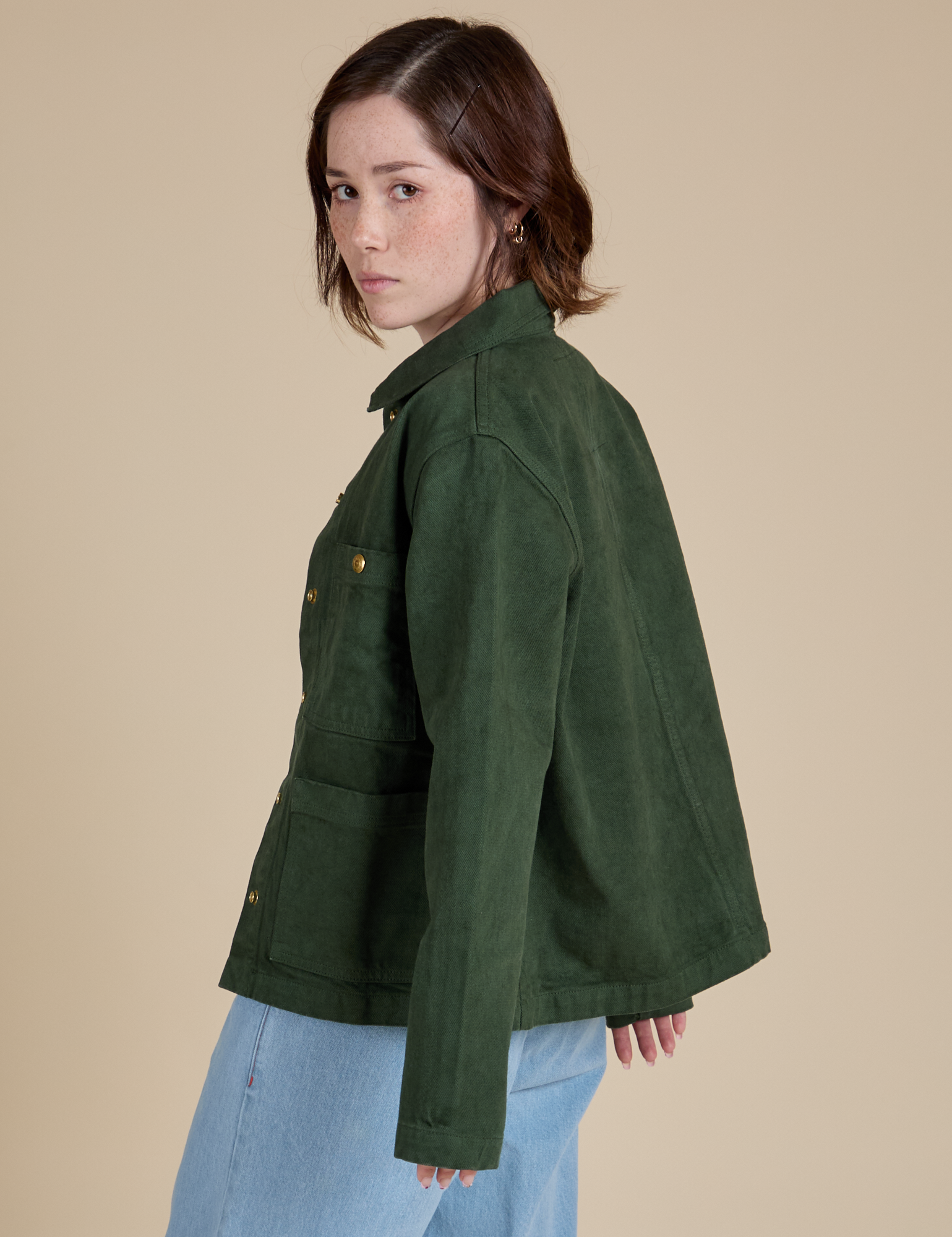 Denim Work Jacket in Swamp Green side view on Hana