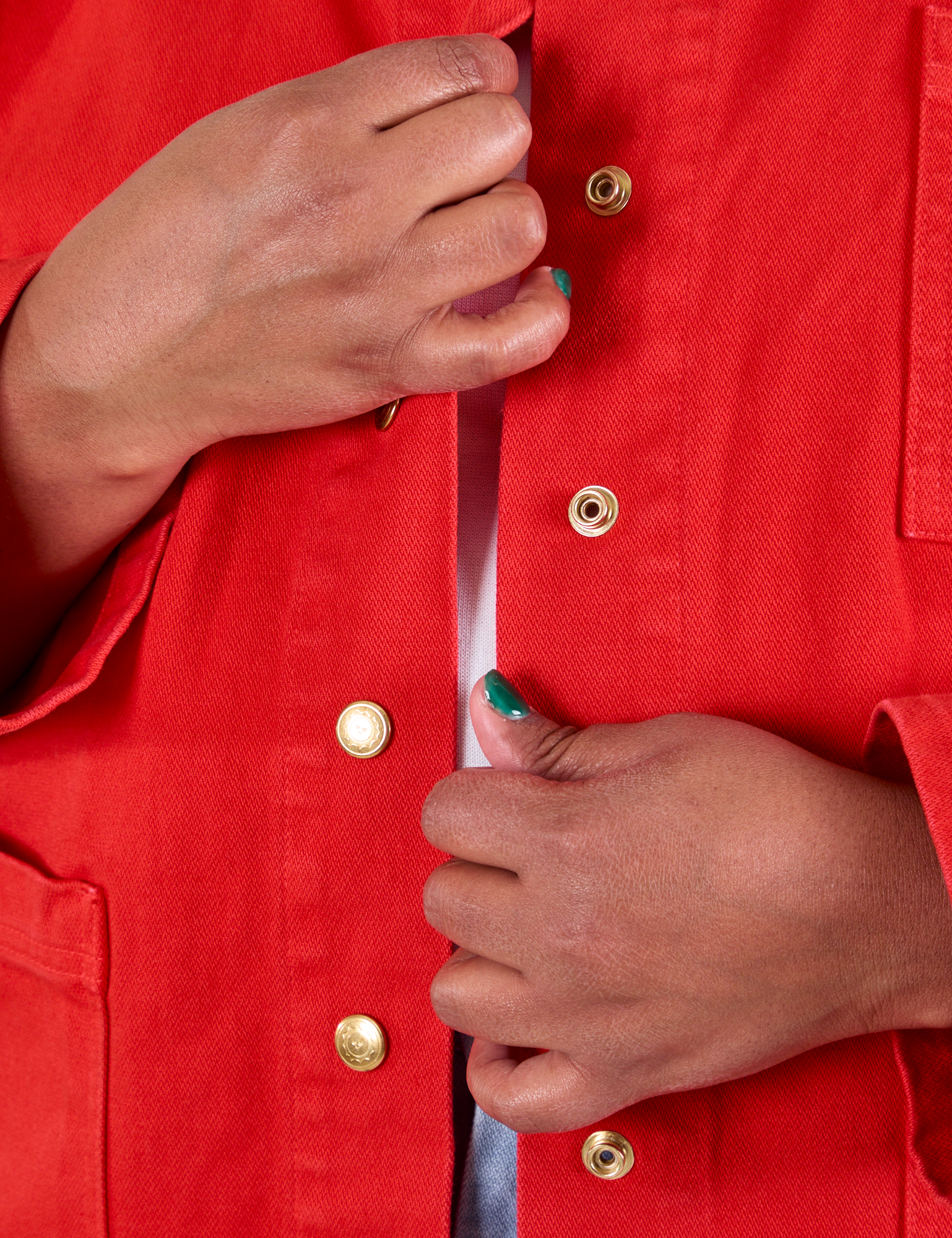 Denim Work Jacket in Mustang Red front close up on Morgan