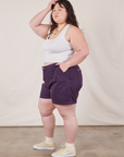 Side view of Classic Work Shorts in Nebula Purple and Cropped Tank Top on Ashley