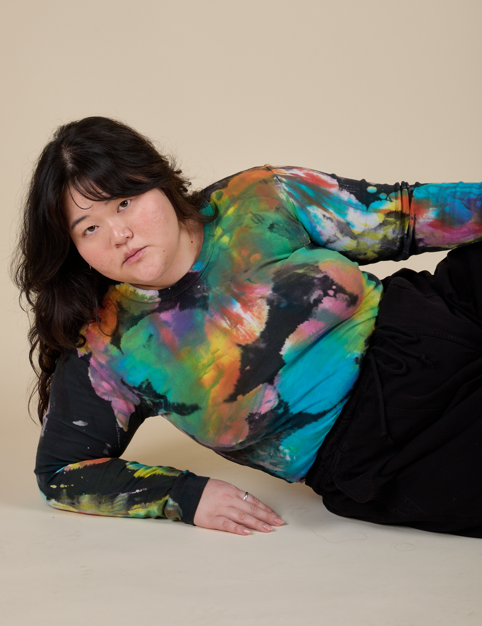 Long Sleeve Baby Tee in Rainbow Magic Waters on Ashley