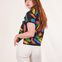 Side view of Pantry Button Up in Paint Stroke and vintage off-white Western Pants worn by Allison