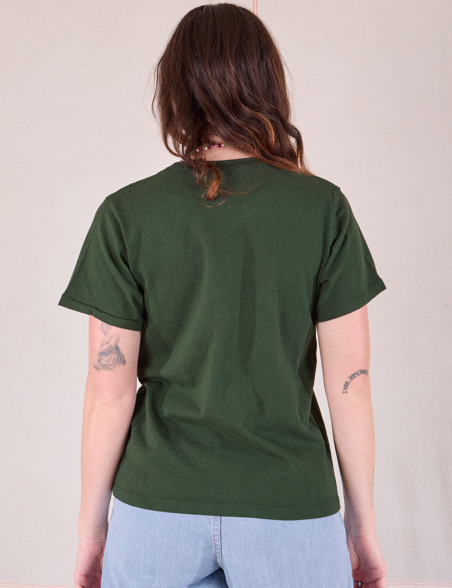 Burly Tee in Swamp Green back view on Alex