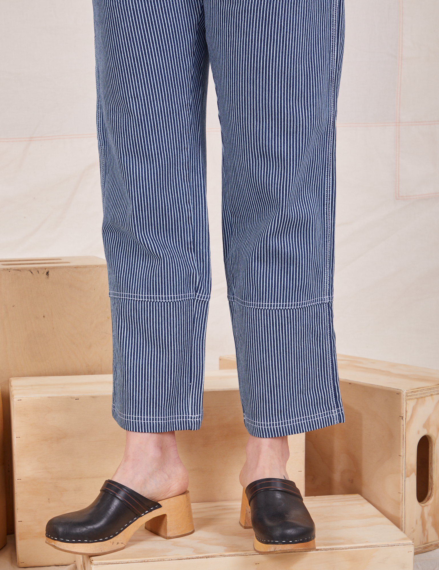 Carpenter Jeans in Railroad Stripes pant leg close up on Allison