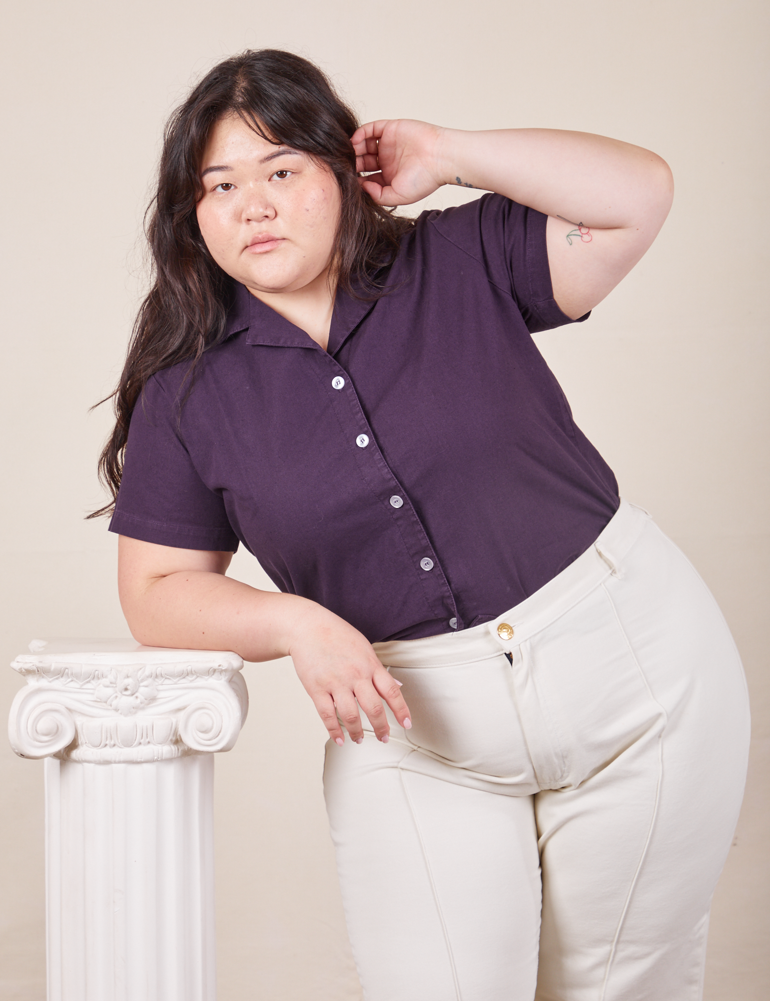 Ashley is wearing Pantry Button-Up in Nebula Purple