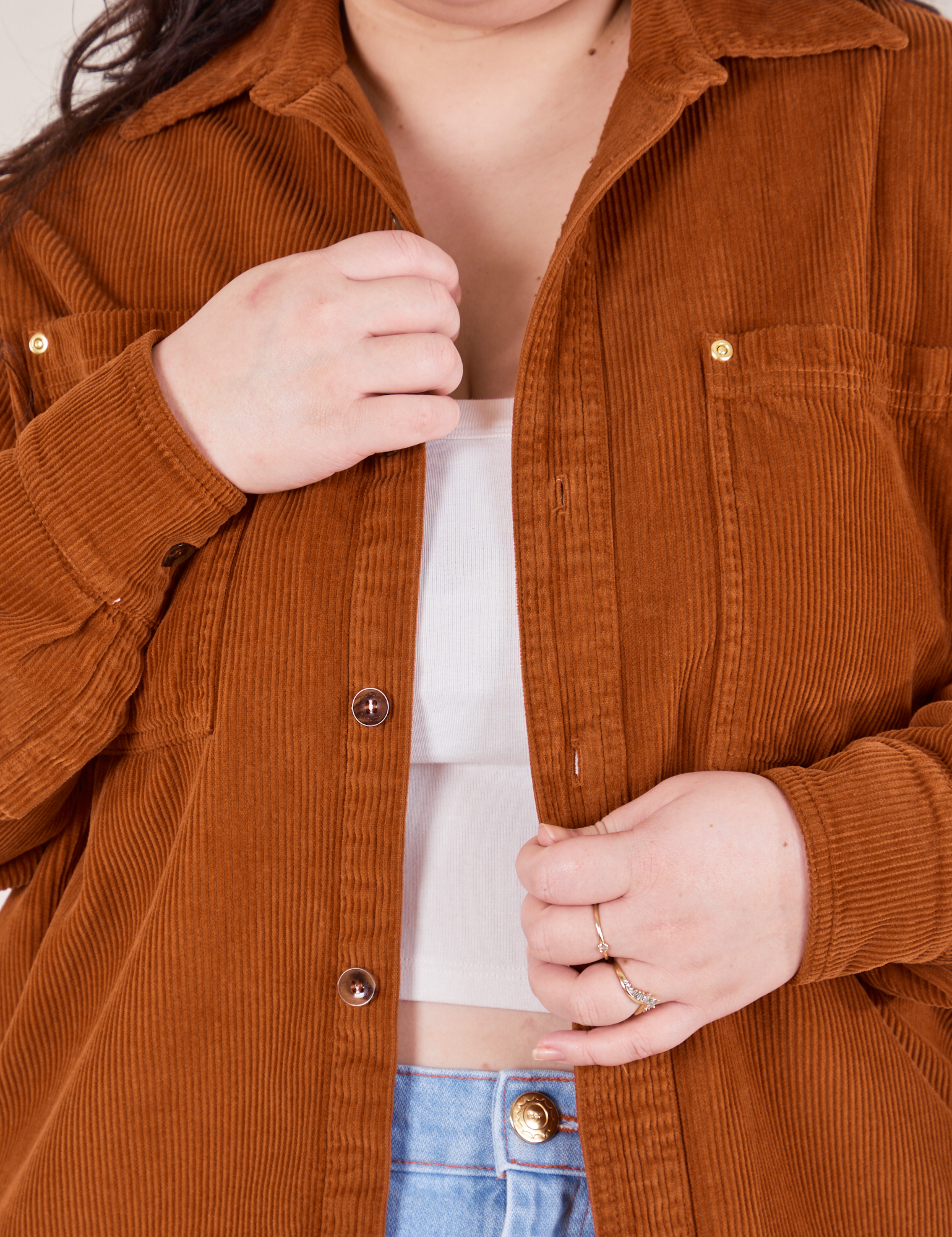 Front close up of Corduroy Overshirt in Burnt Terracotta on Ashley