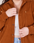 Front close up of Corduroy Overshirt in Burnt Terracotta on Ashley