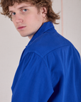 Cropped Overshirt in Royal Blue shoulder close up on Quinn